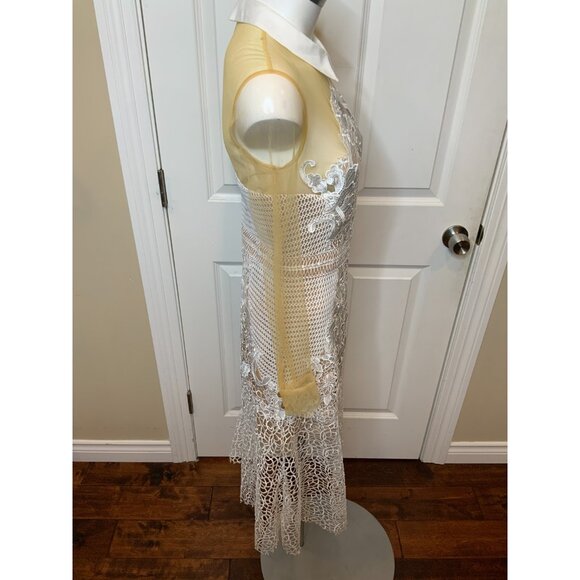 Self-Portrait White Lace Tan Mesh Collared Long Sleeve Fit & Flare Dress, Size 8 - Picture 4 of 8